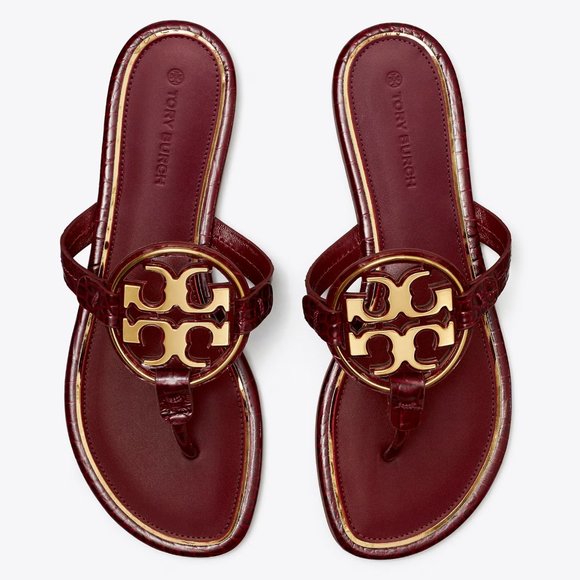 Tory Burch Metal Miller Croc Embossed Logo Sandals Burgundy Roma Red MANY SIZES! - Picture 4 of 13
